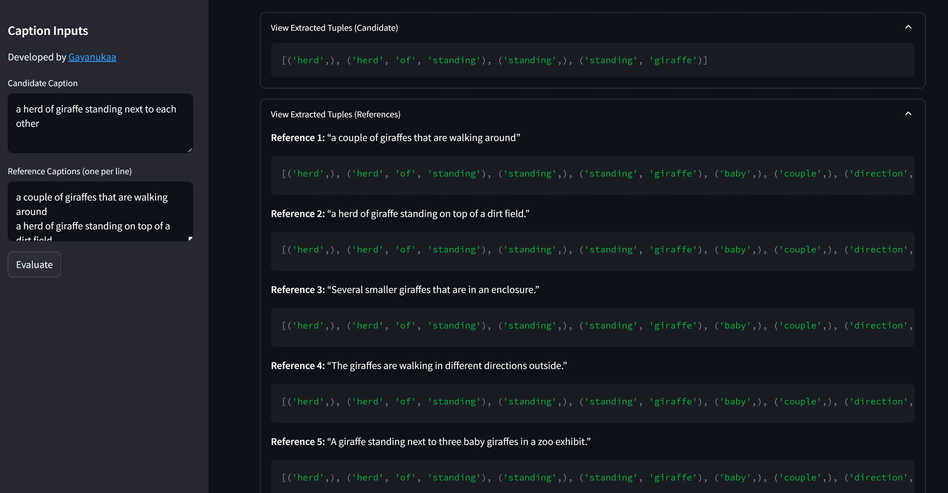 SPICE Evaluator interface showing tuple extraction and metrics